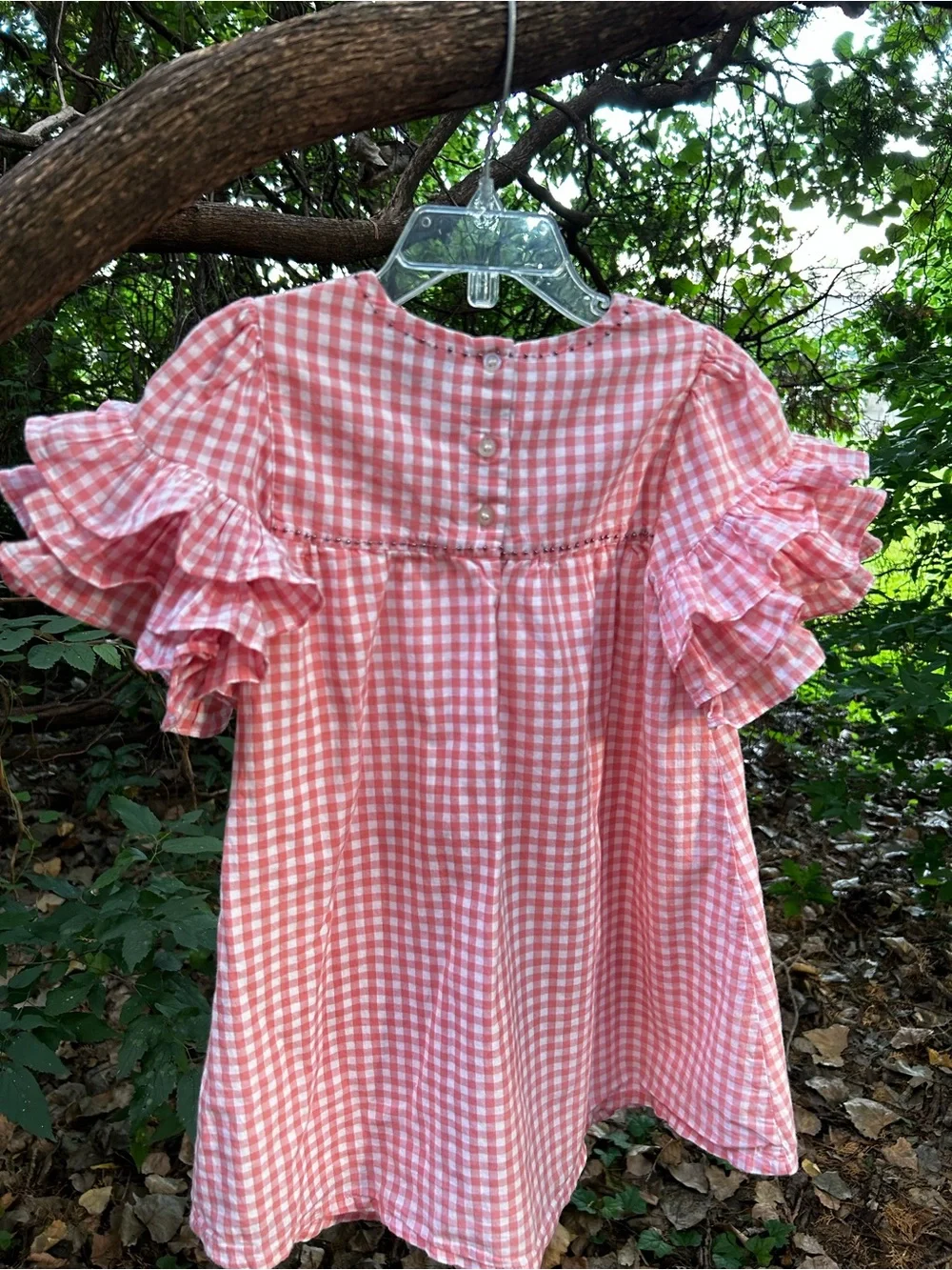 Velveteen Pink Gingham Ruffle-Sleeve Casual Dress
